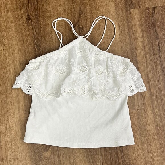 Anthropologie Strappy Eyelet Lace Ruffle Trim Halter Top White Sz Small Ribbed - Picture 5 of 11